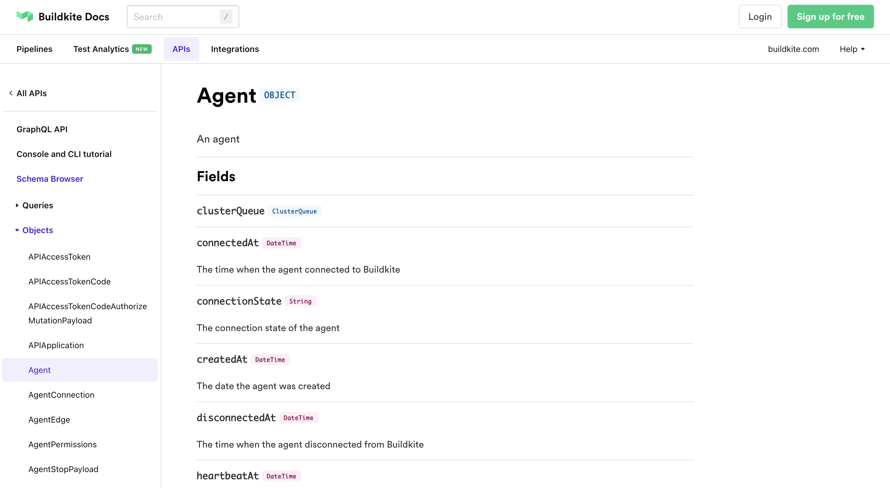 Screenshot of the schema browser showing the Agent object pm.png