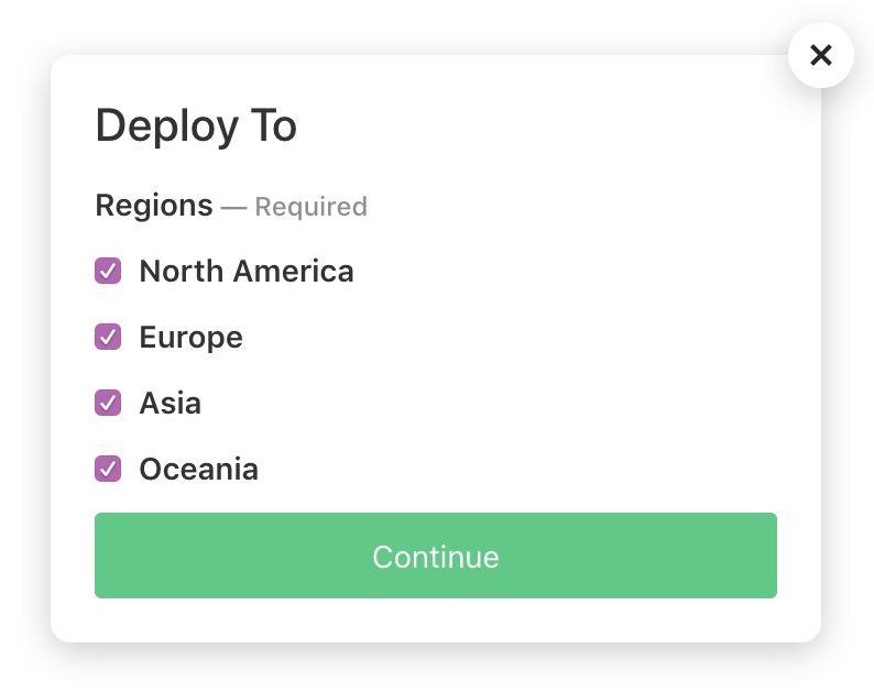 The pop-up for entering options to a block step, with caption “Deploy To,” and a list of checkboxes for “Regions” with “North America,” “Europe,” “Asia” and “Oceania.” All four are checked.