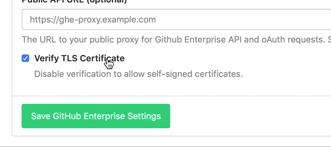 Verify TLS Certificate checkbox — disable verification to allow self-signed certificates