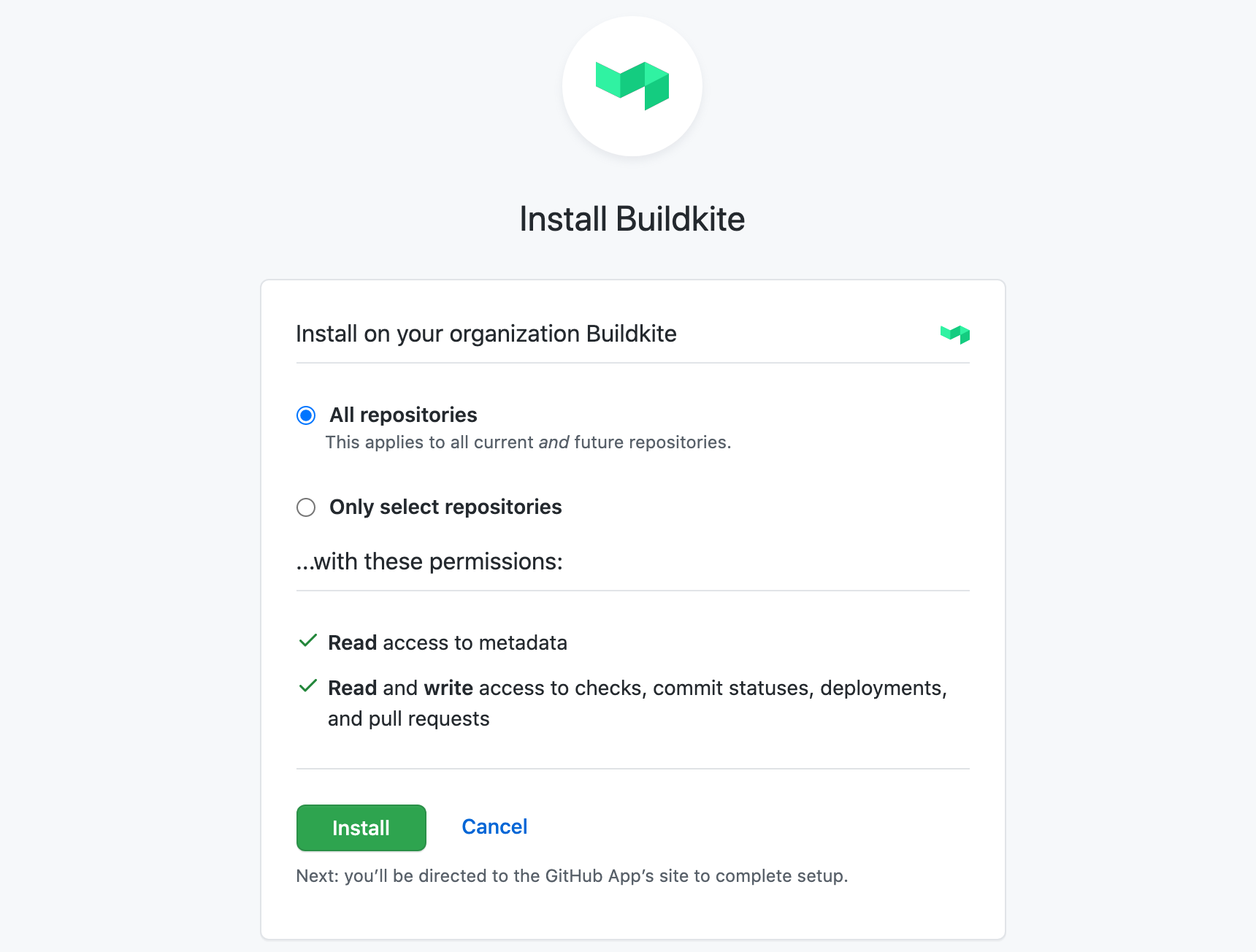 Installing the Buildkite GitHub App with permissions visibility and repository controls
