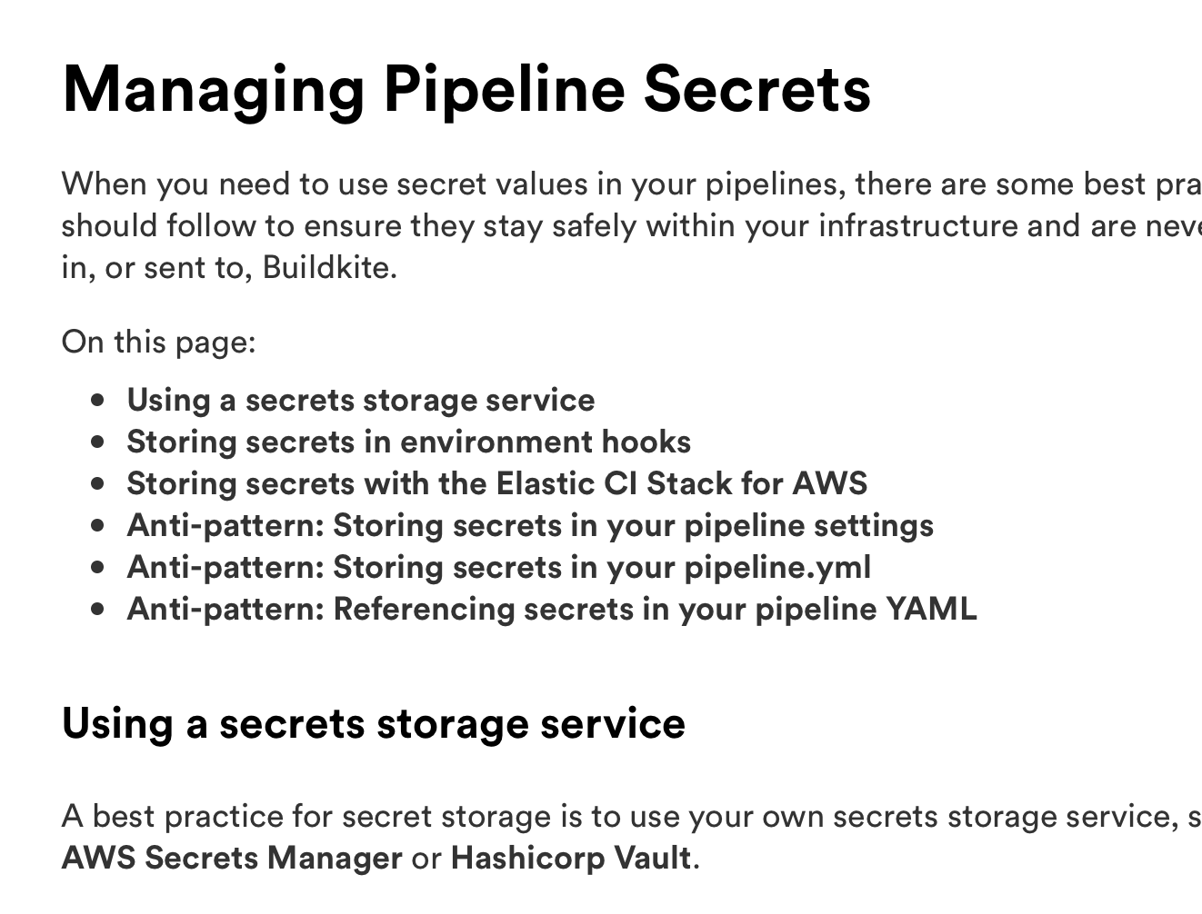Screenshot of the new Managing Pipeline Secrets documentation