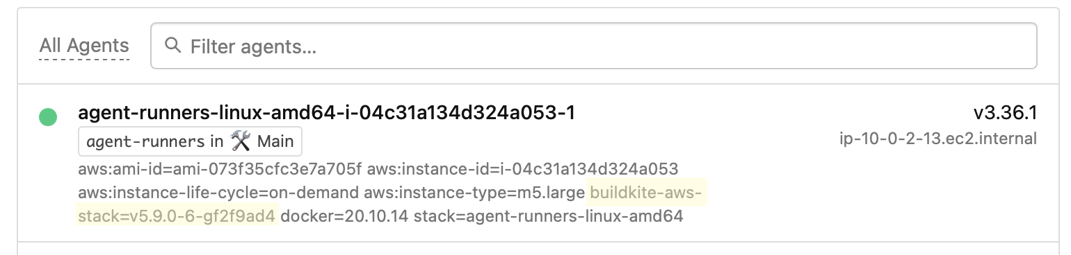 List of buildkite agents with buildkite-aws-stack tag indicating version v5.9.0