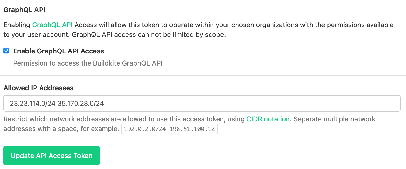 API Access Token edit page showing GraphQL API and Allowed IP Address configuration options