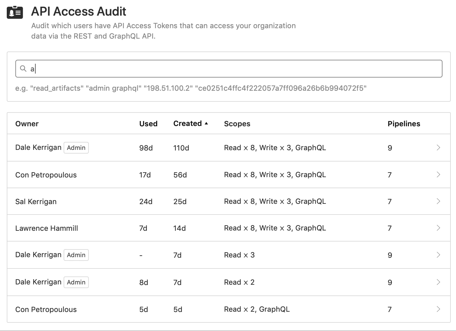 Searching for tokens using the new API Access Audit page
