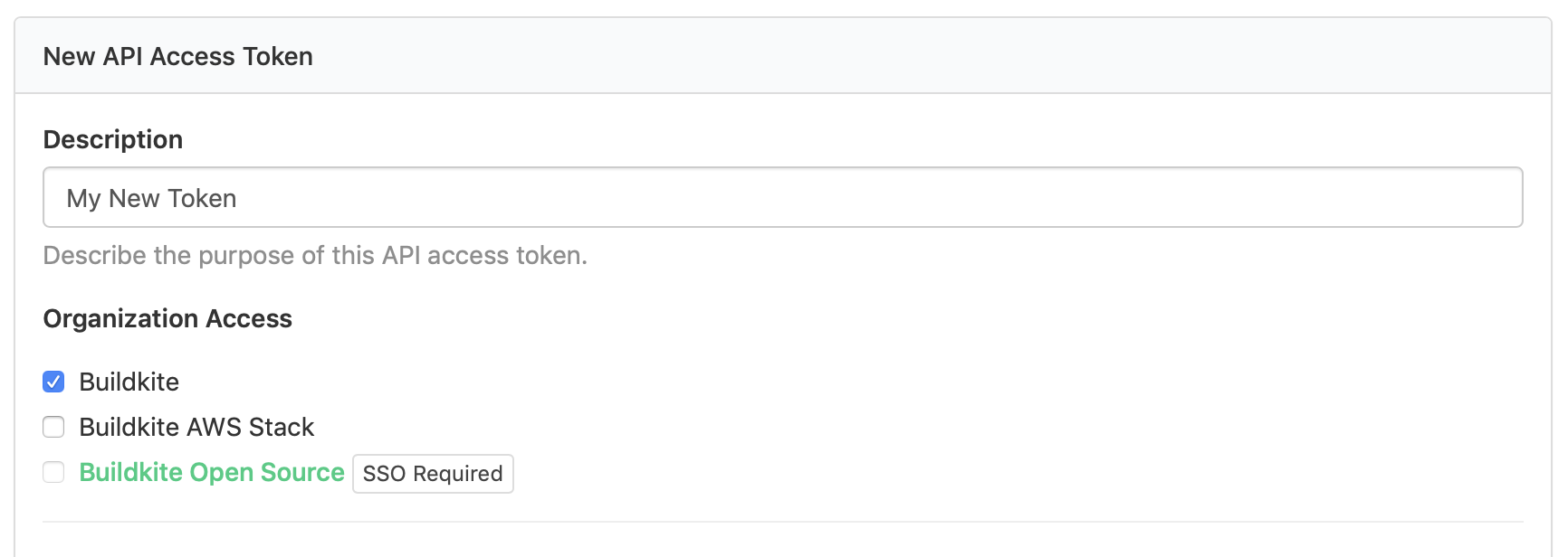Screenshot of the New API Access Token form